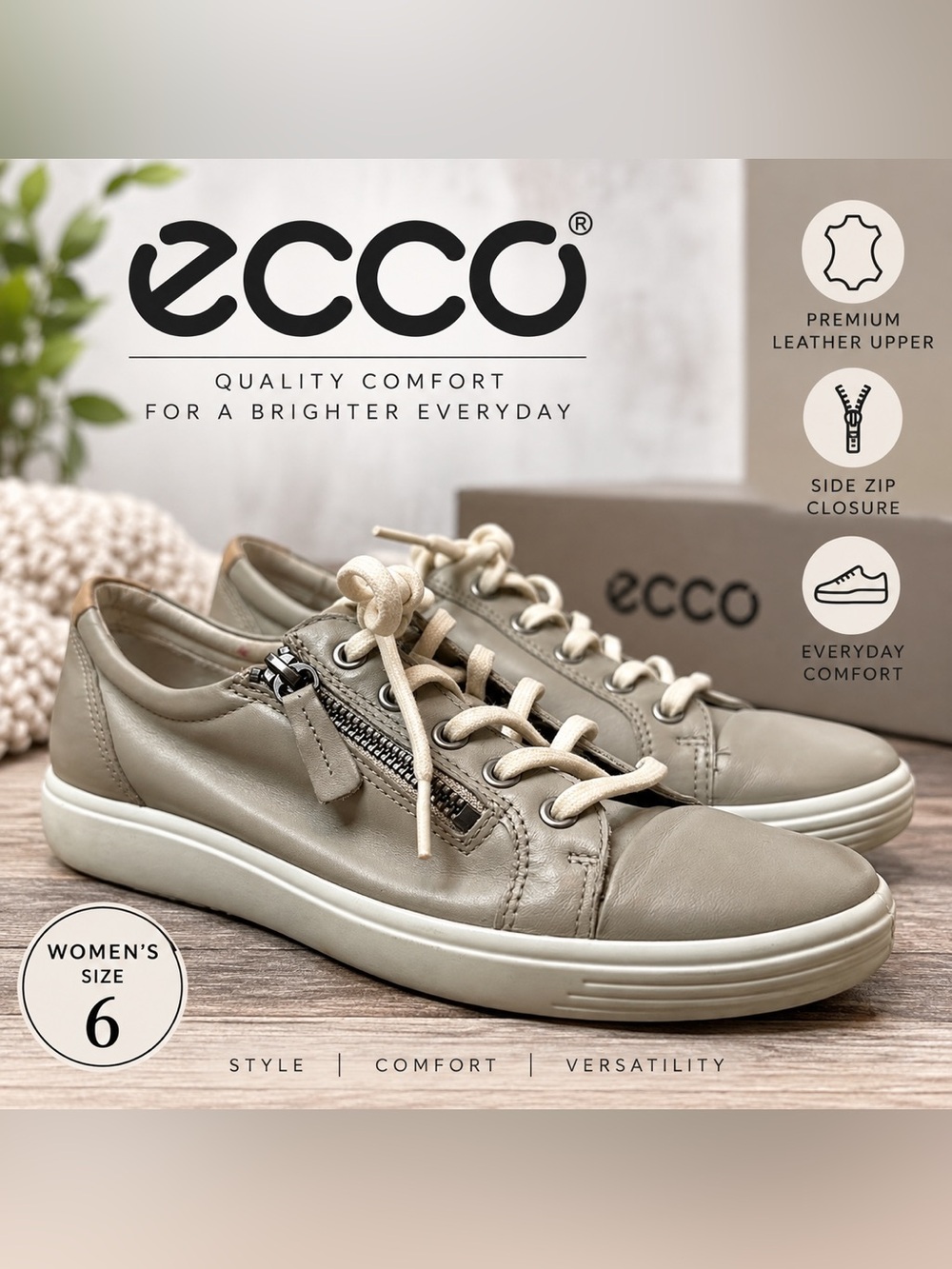 ECCO Women’s Leather Low Top Side Zip Lace Up Sneakers Taupe Size 6